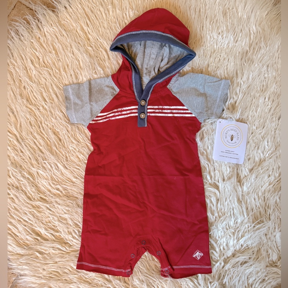 Burt's Bees Baby Red and Gray Hooded Romper 6-9 months